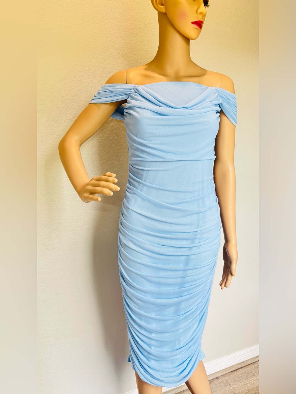 SHEIN Light Blue Ruched Midi Dress Elegant size Large NWOT - Picture 10 of 12